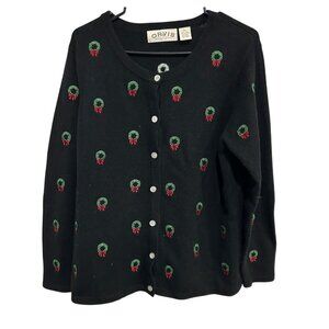 Orvis Womens Wool Holiday Cardigan Sweater With Wreath Pattern Size Large